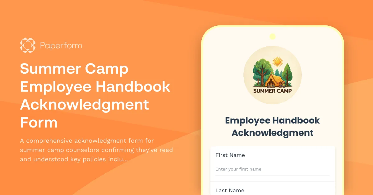 Summer Camp Employee Handbook Acknowledgment Form