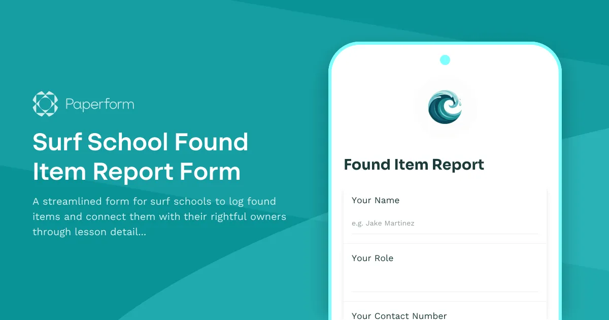 Surf School Found Item Report Form