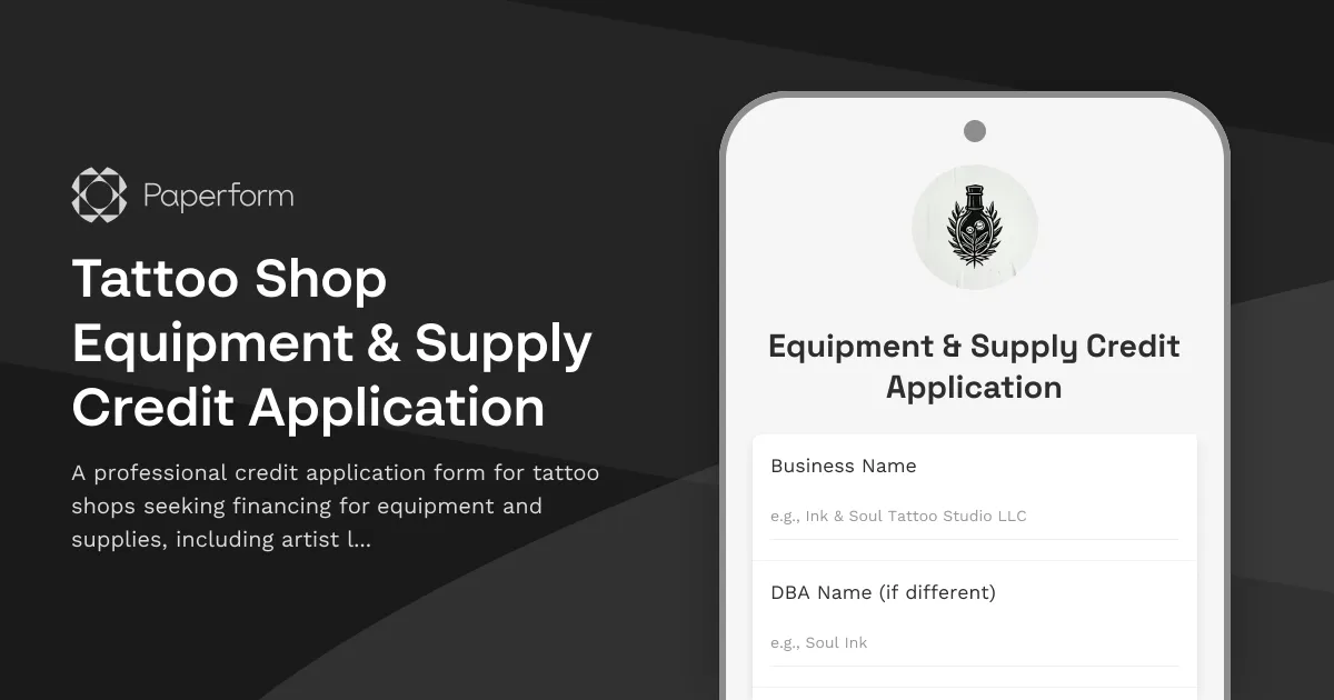 Tattoo Shop Equipment & Supply Credit Application