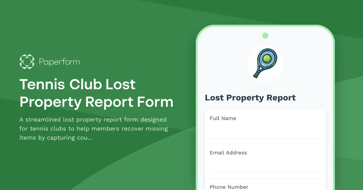 Tennis Club Lost Property Report Form