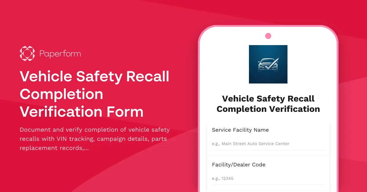 Vehicle Safety Recall Completion Verification Form